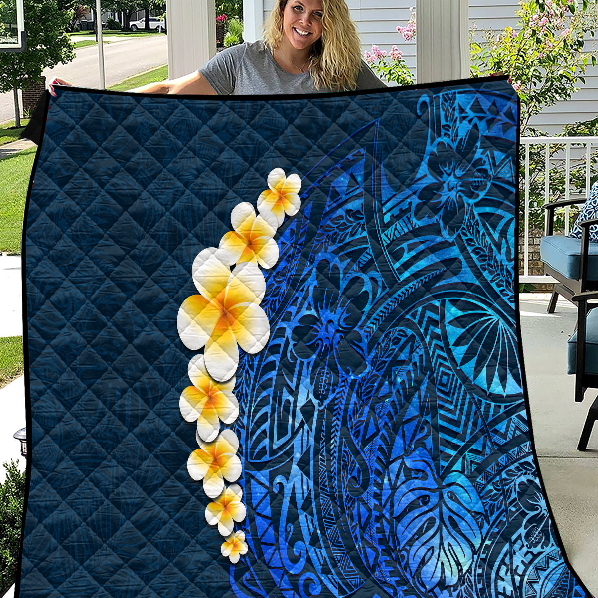 Blue Polynesia Quilt Plumeria Tropical Leaves With Galaxy Polynesian Art LT14 Blue - Polynesian Pride