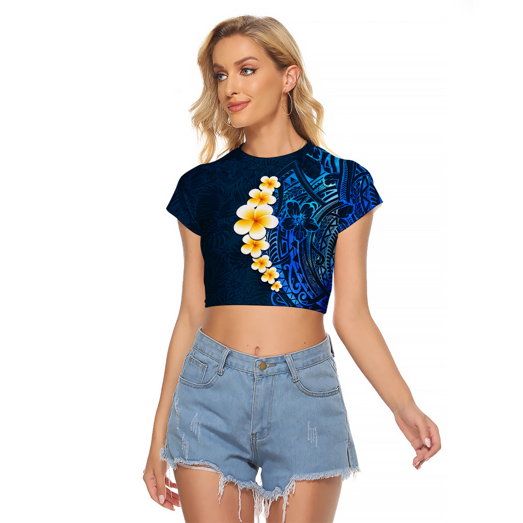 Blue Polynesia Raglan Cropped T Shirt Plumeria Tropical Leaves With Galaxy Polynesian Art LT14 Female Blue - Polynesian Pride