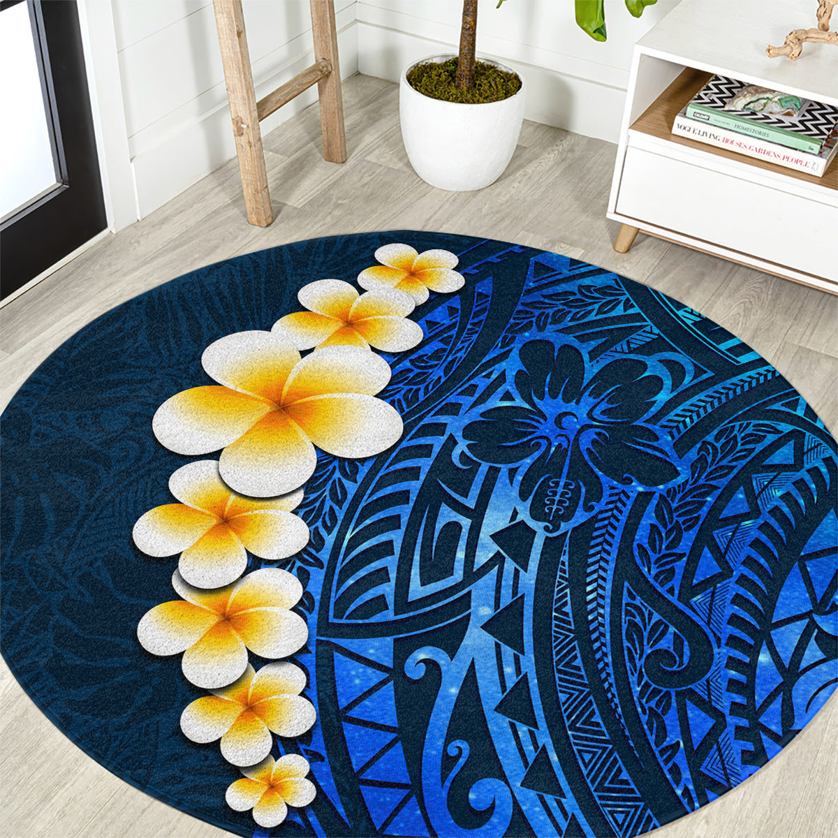 Blue Polynesia Round Carpet Plumeria Tropical Leaves With Galaxy Polynesian Art LT14 Blue - Polynesian Pride