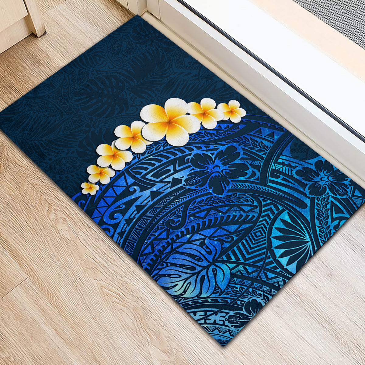 Blue Polynesia Rubber Doormat Plumeria Tropical Leaves With Galaxy Polynesian Art LT14 - Polynesian Pride