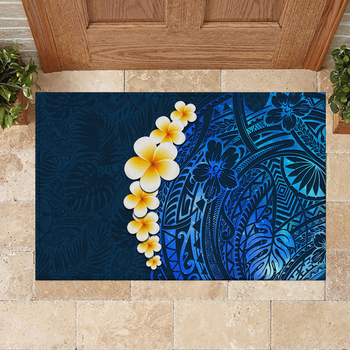 Blue Polynesia Rubber Doormat Plumeria Tropical Leaves With Galaxy Polynesian Art LT14 - Polynesian Pride