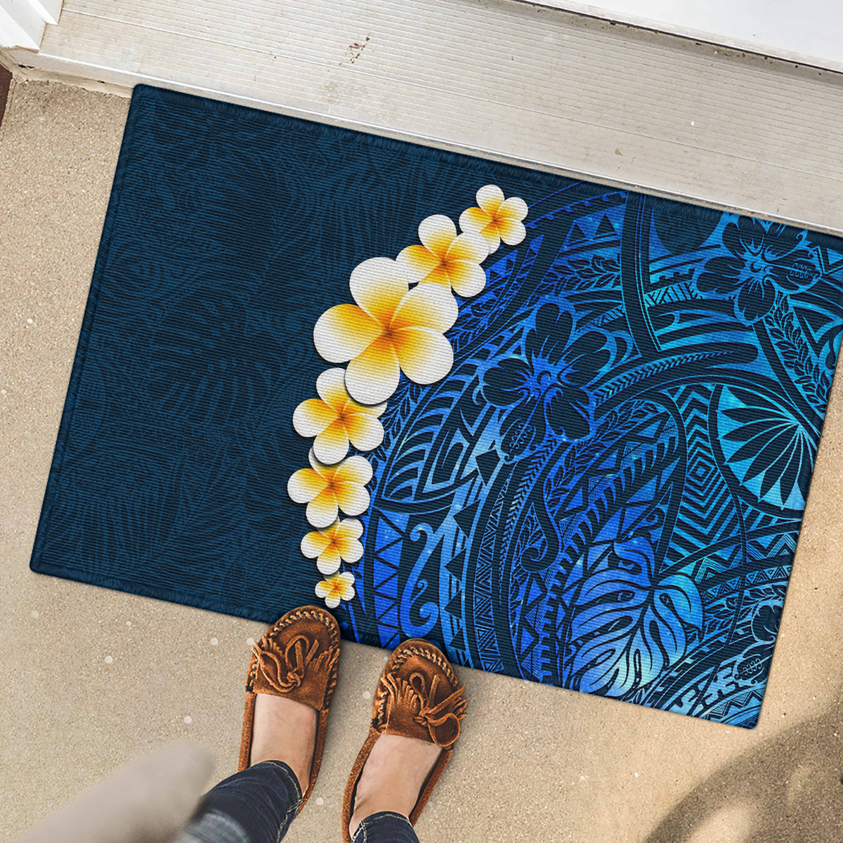 Blue Polynesia Rubber Doormat Plumeria Tropical Leaves With Galaxy Polynesian Art LT14 - Polynesian Pride