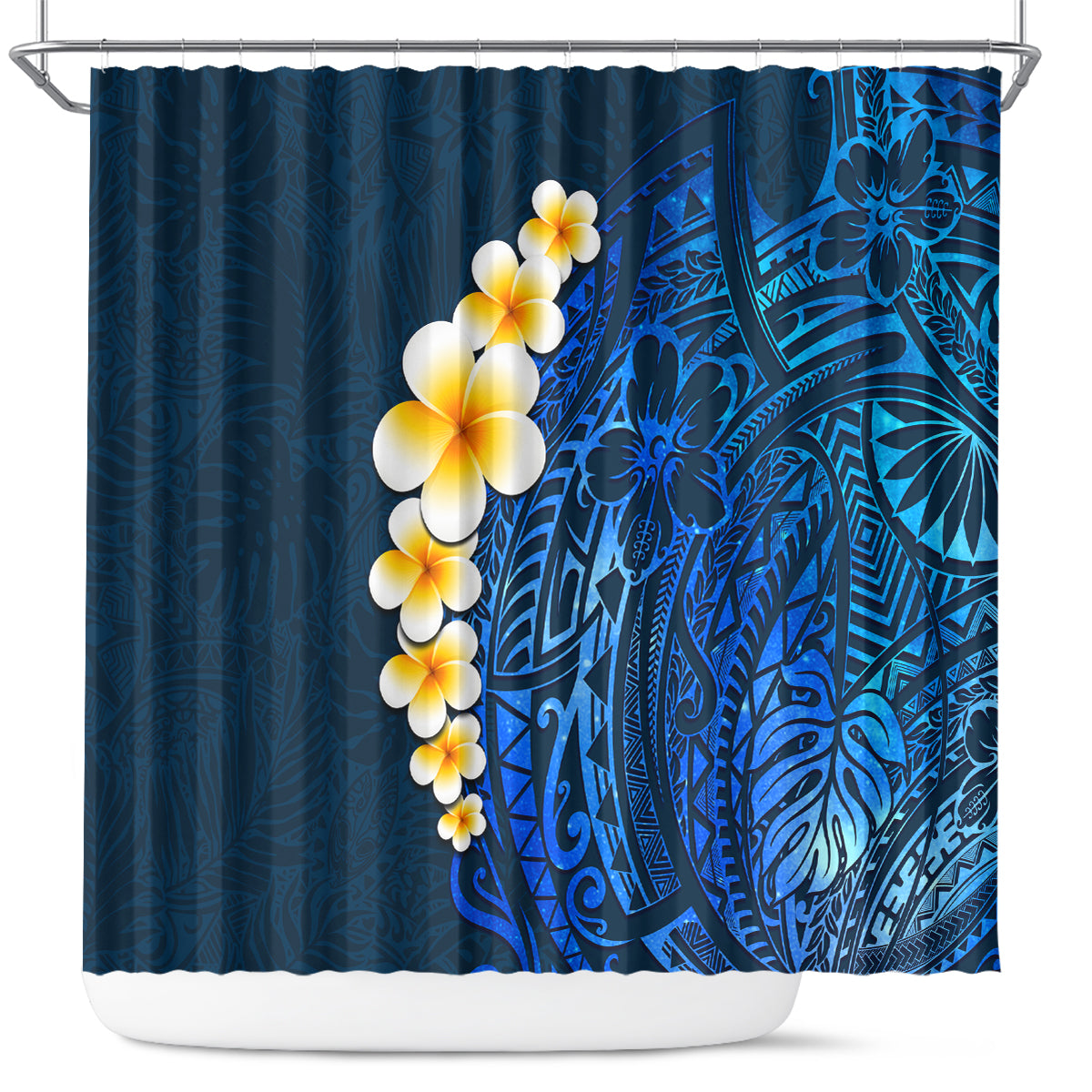 Blue Polynesia Shower Curtain Plumeria Tropical Leaves With Galaxy Polynesian Art LT14 Blue - Polynesian Pride