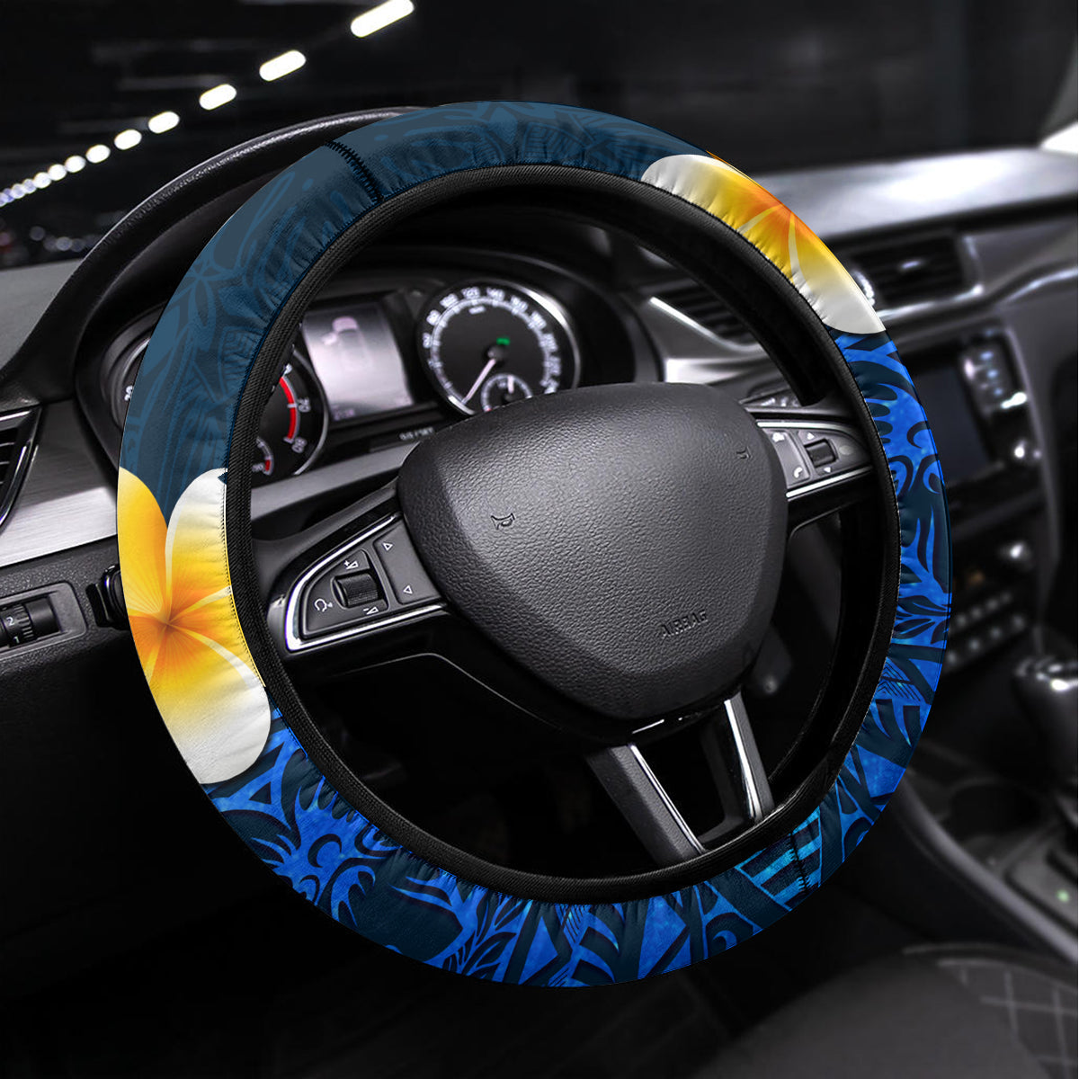 Blue Polynesia Steering Wheel Cover Plumeria Tropical Leaves With Galaxy Polynesian Art