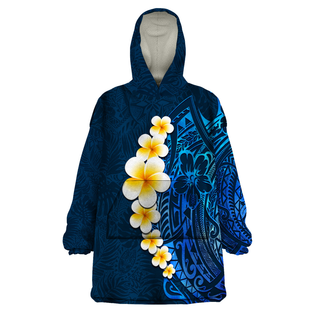 Blue Polynesia Wearable Blanket Hoodie Plumeria Tropical Leaves With Galaxy Polynesian Art LT14 One Size Blue - Polynesian Pride