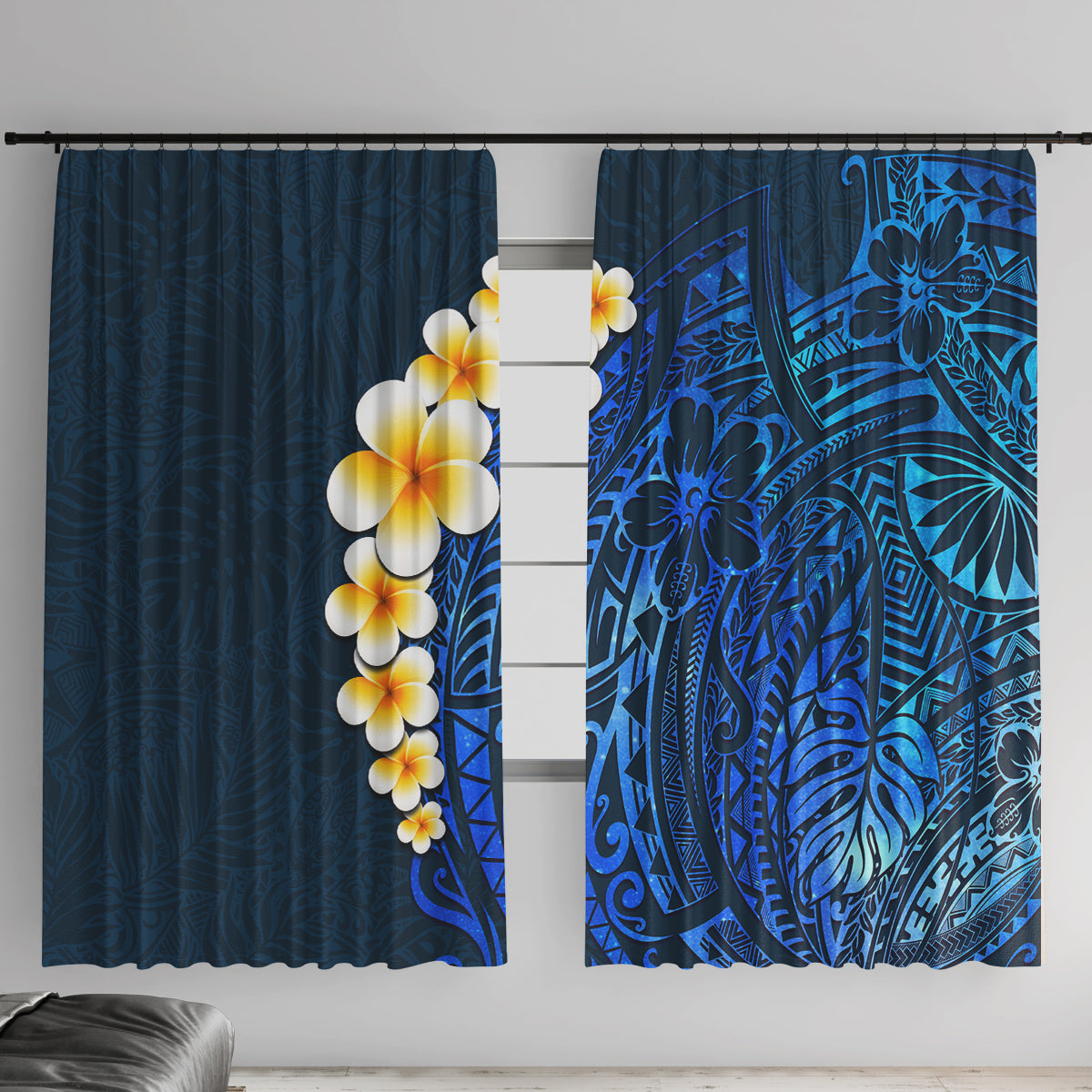 Blue Polynesia Window Curtain Plumeria Tropical Leaves With Galaxy Polynesian Art LT14 With Hooks Blue - Polynesian Pride