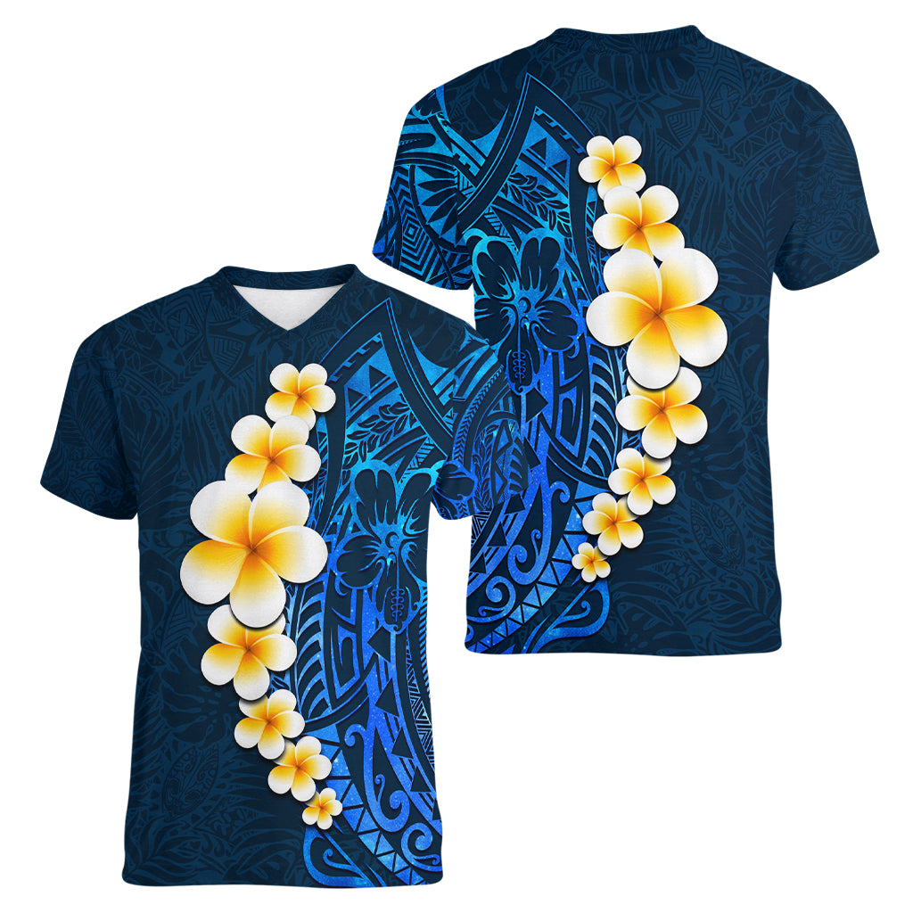 Blue Polynesia Women V Neck T Shirt Plumeria Tropical Leaves With Galaxy Polynesian Art LT14 - Polynesian Pride