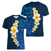Blue Polynesia Women V Neck T Shirt Plumeria Tropical Leaves With Galaxy Polynesian Art LT14 - Polynesian Pride