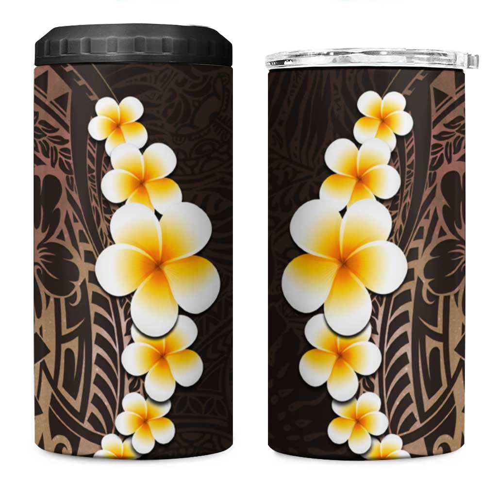Brown Polynesia 4 in 1 Can Cooler Tumbler Plumeria Tropical Leaves With Galaxy Polynesian Art