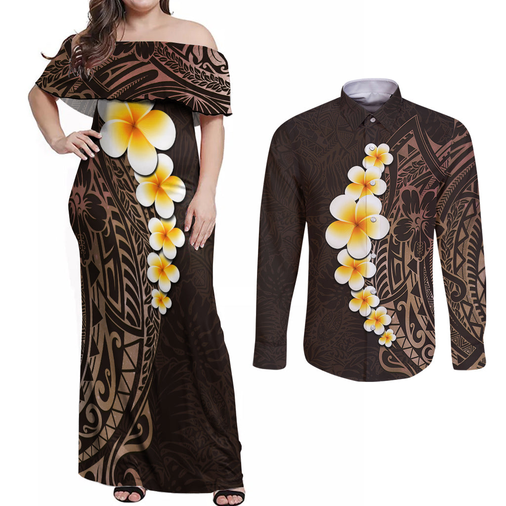 Brown Polynesia Couples Matching Off Shoulder Maxi Dress and Long Sleeve Button Shirt Plumeria Tropical Leaves With Galaxy Polynesian Art LT14 Brown - Polynesian Pride