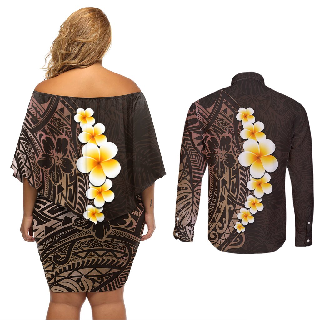 Brown Polynesia Couples Matching Off Shoulder Short Dress and Long Sleeve Button Shirt Plumeria Tropical Leaves With Galaxy Polynesian Art LT14 - Polynesian Pride