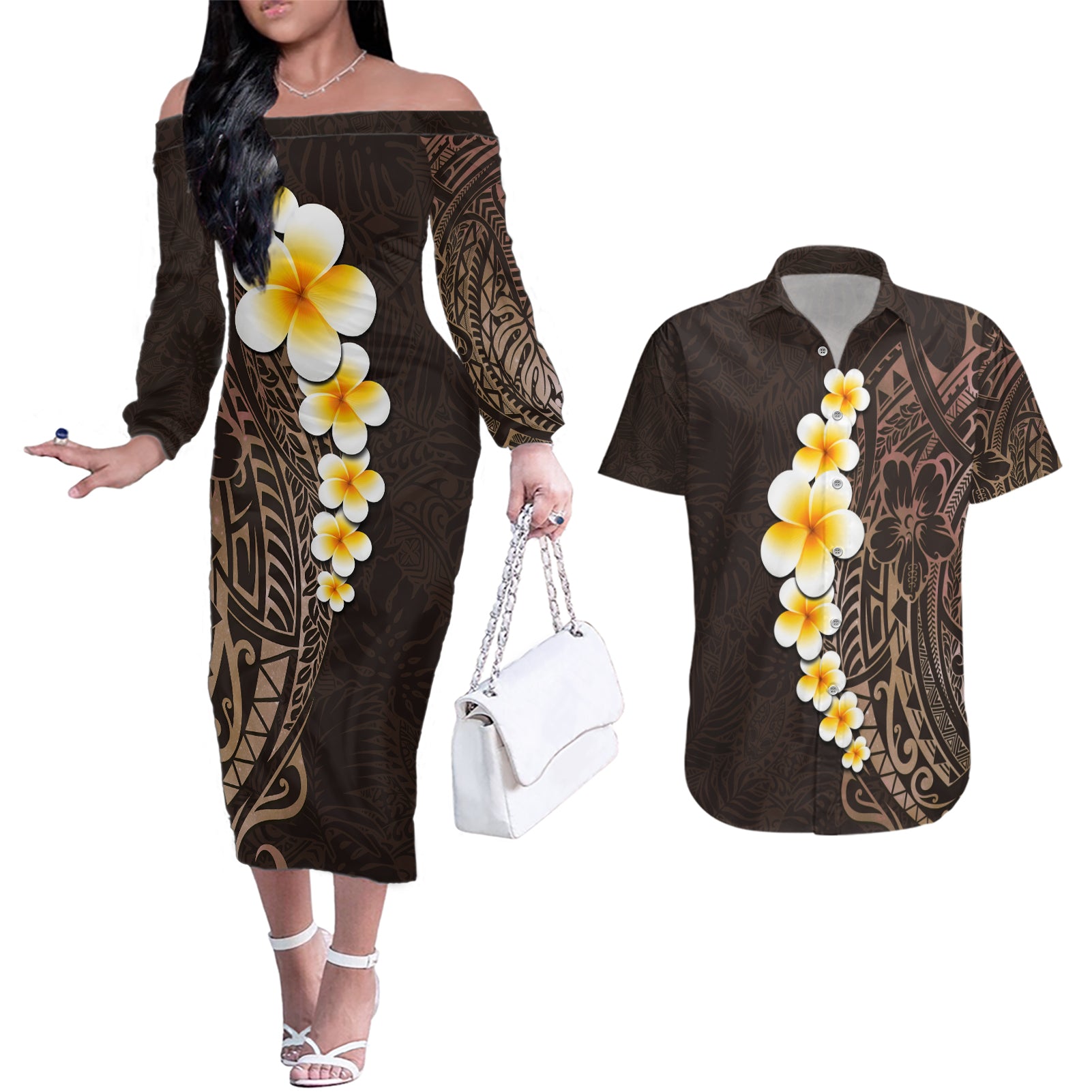 Brown Polynesia Couples Matching Off The Shoulder Long Sleeve Dress and Hawaiian Shirt Plumeria Tropical Leaves With Galaxy Polynesian Art LT14 Brown - Polynesian Pride