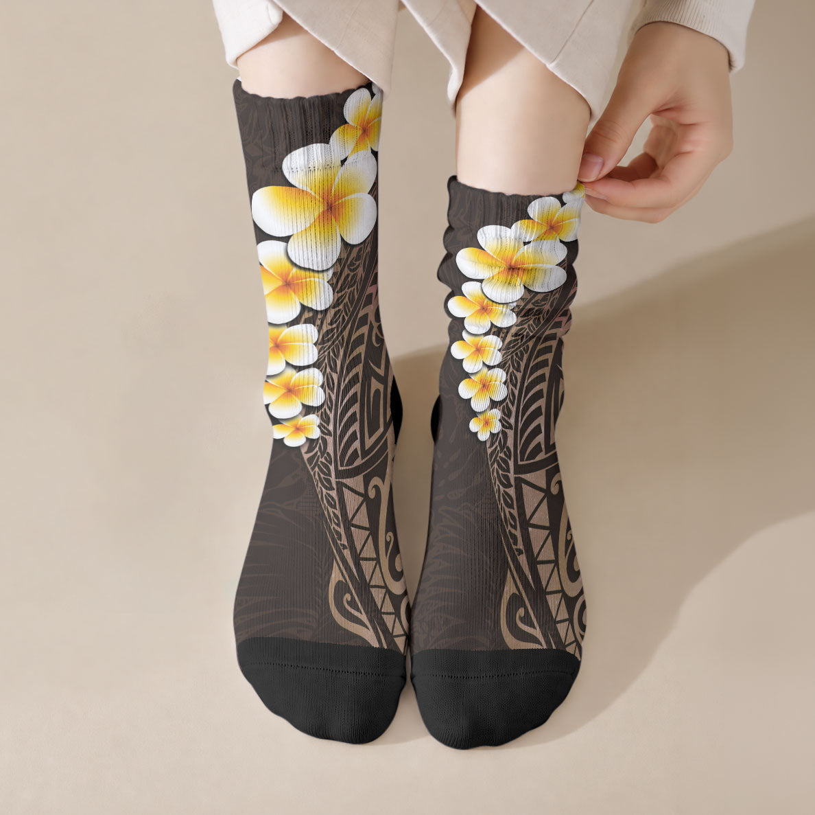 Brown Tropical Plumeria With Galaxy Polynesian Art Crew Socks