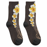 Brown Tropical Plumeria With Galaxy Polynesian Art Crew Socks LT14 - Polynesian Pride