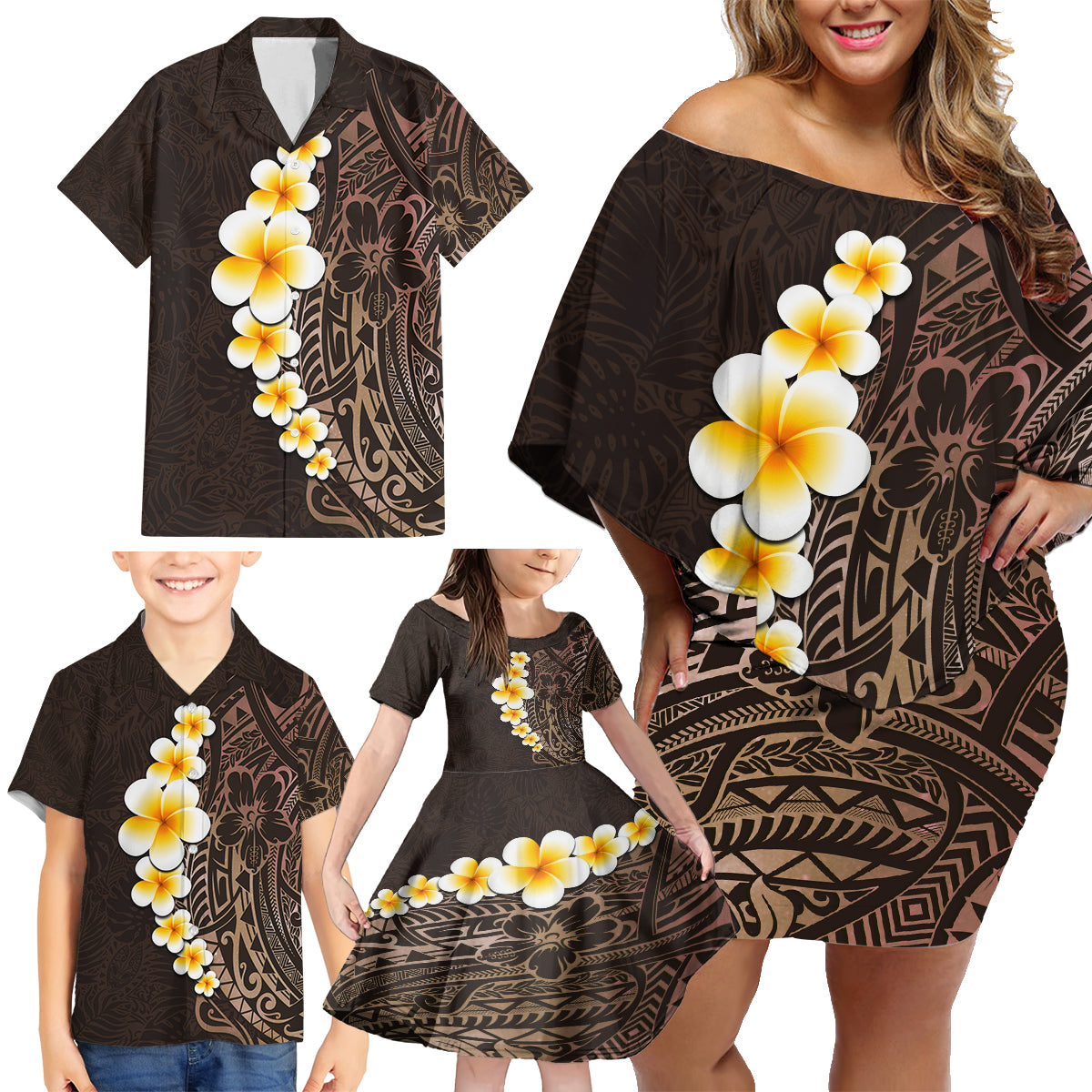 Brown Polynesia Family Matching Off Shoulder Short Dress and Hawaiian Shirt Plumeria Tropical Leaves With Galaxy Polynesian Art LT14 - Polynesian Pride