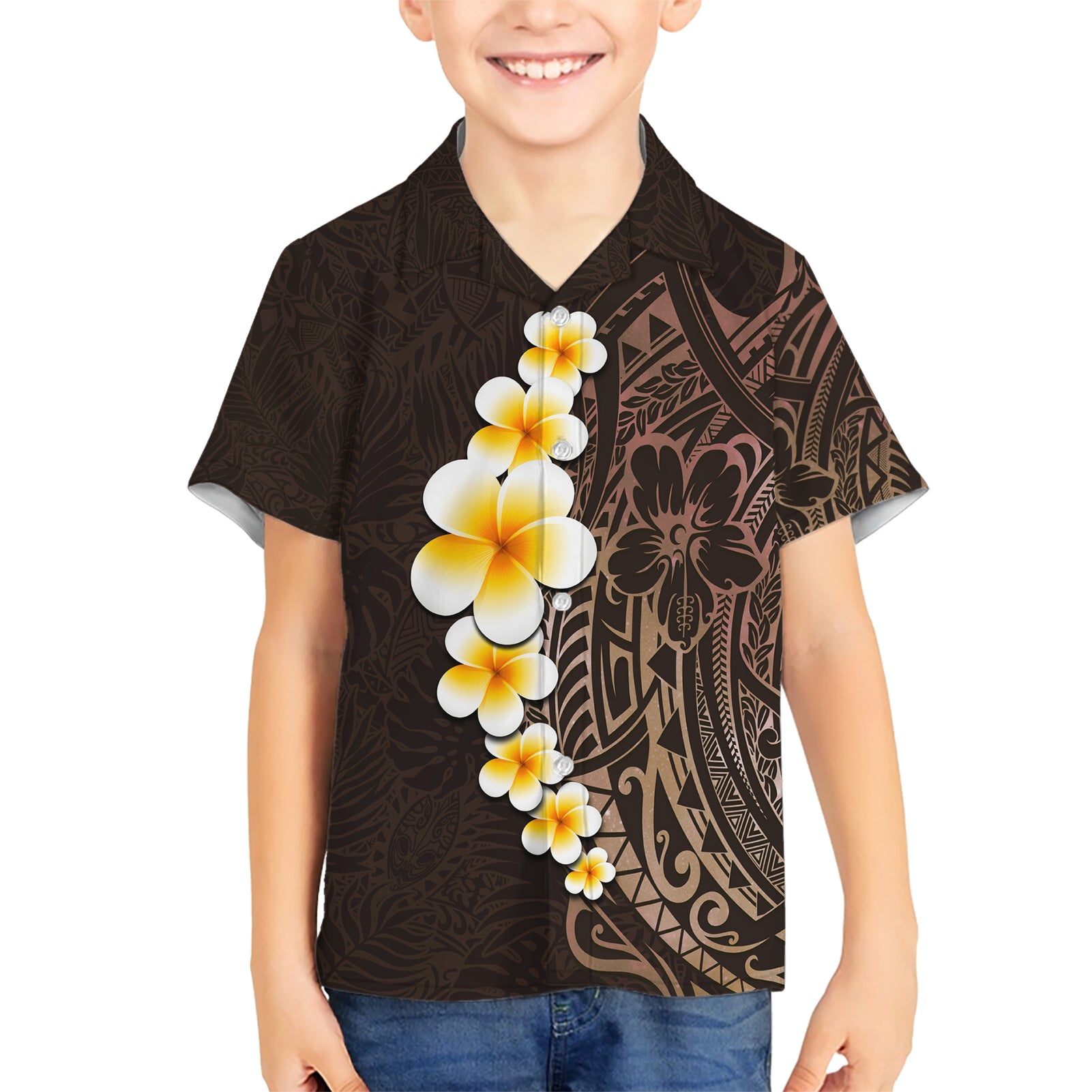 Brown Polynesia Kid Hawaiian Shirt Plumeria Tropical Leaves With Galaxy Polynesian Art LT14 Kid Brown - Polynesian Pride