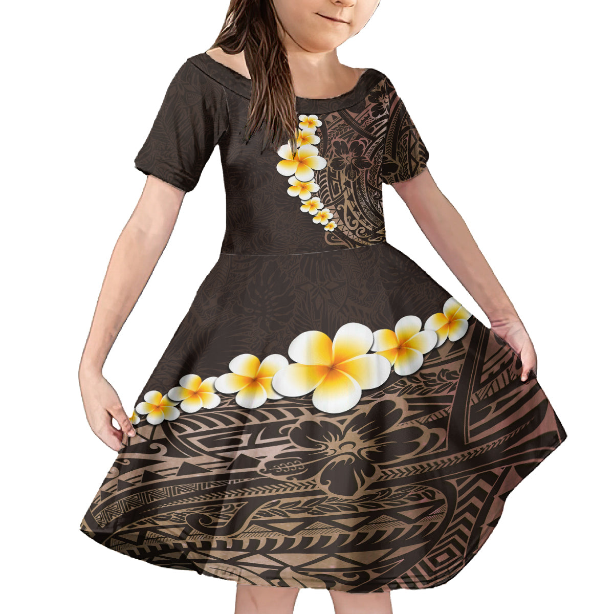 Brown Polynesia Kid Short Sleeve Dress Plumeria Tropical Leaves With Galaxy Polynesian Art LT14 KID Brown - Polynesian Pride