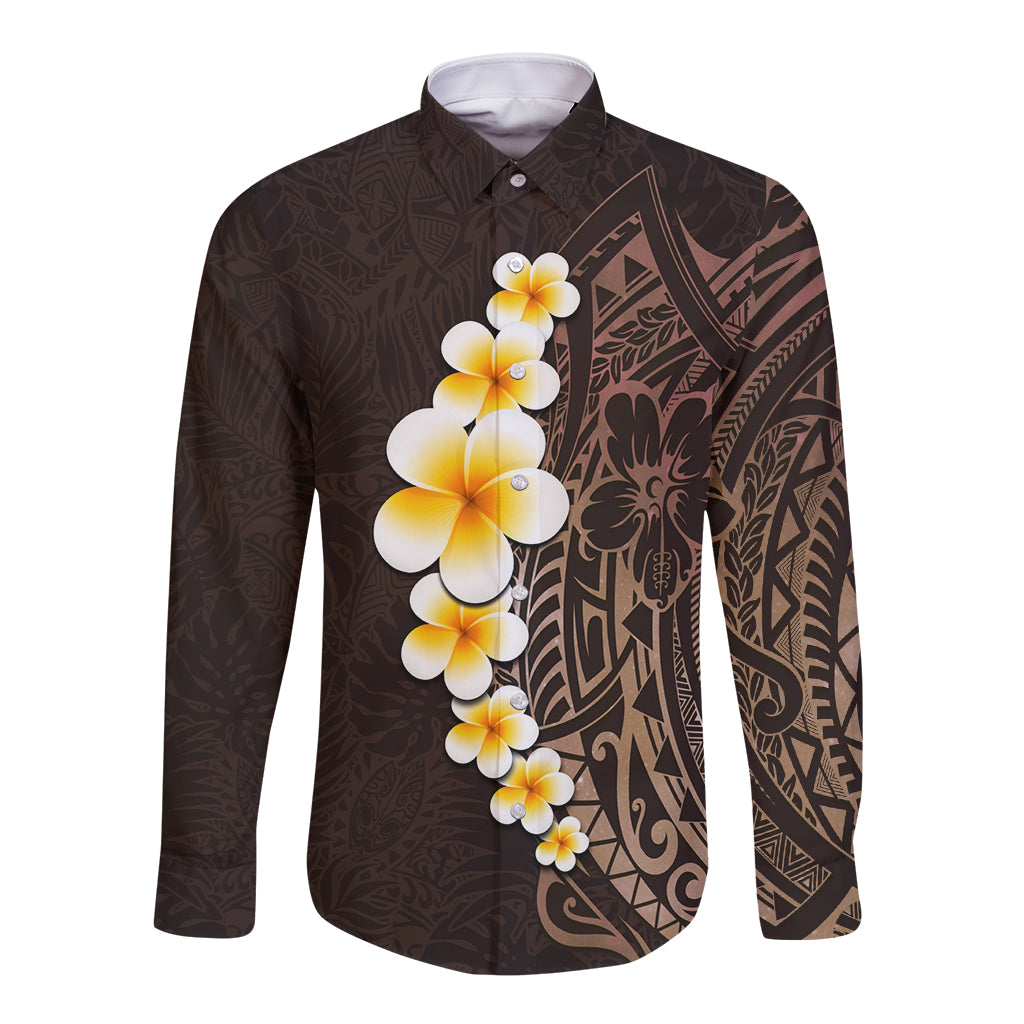 Brown Polynesia Long Sleeve Button Shirt Plumeria Tropical Leaves With Galaxy Polynesian Art LT14 Unisex Brown - Polynesian Pride