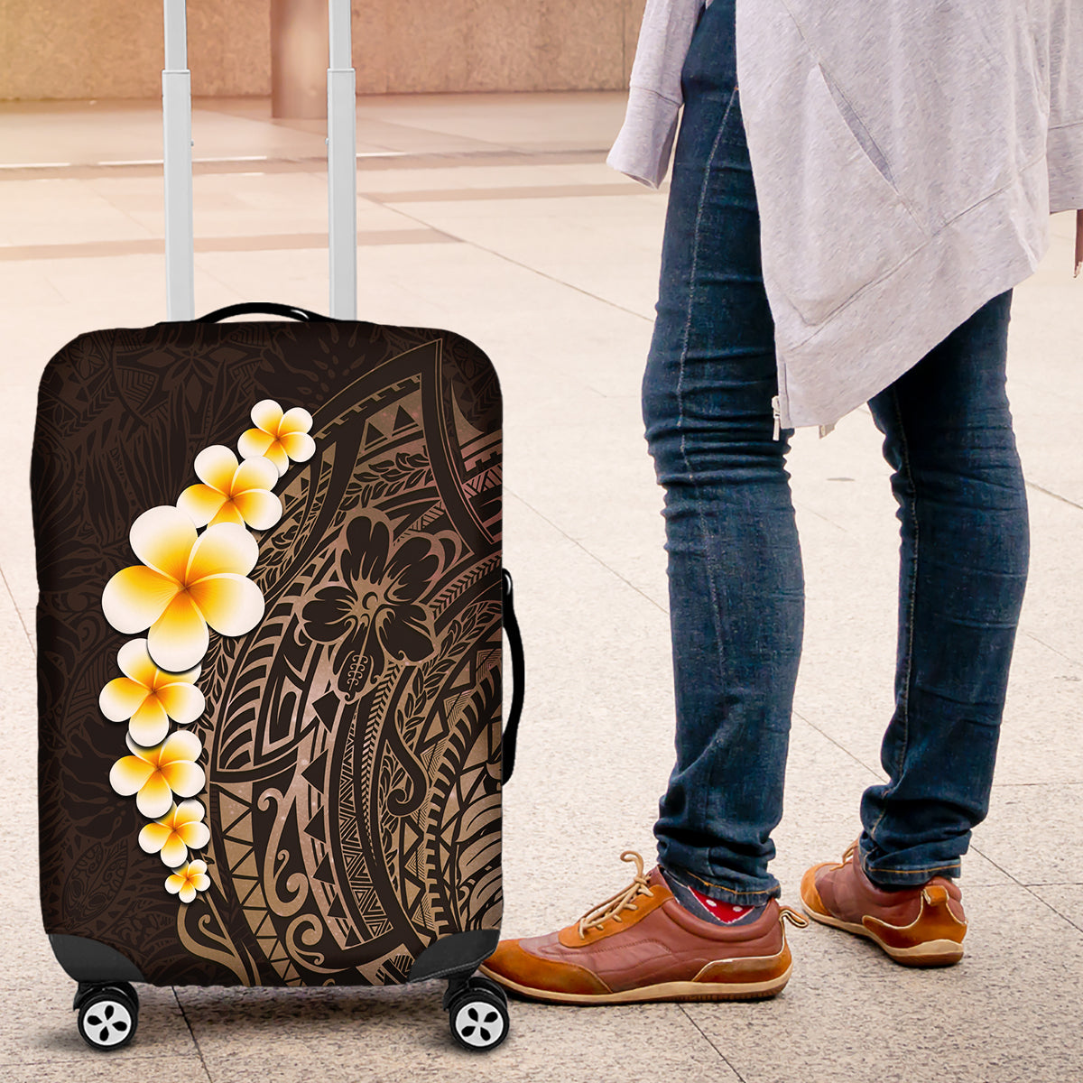 Brown Polynesia Luggage Cover Plumeria Tropical Leaves With Galaxy Polynesian Art LT14 Brown - Polynesian Pride