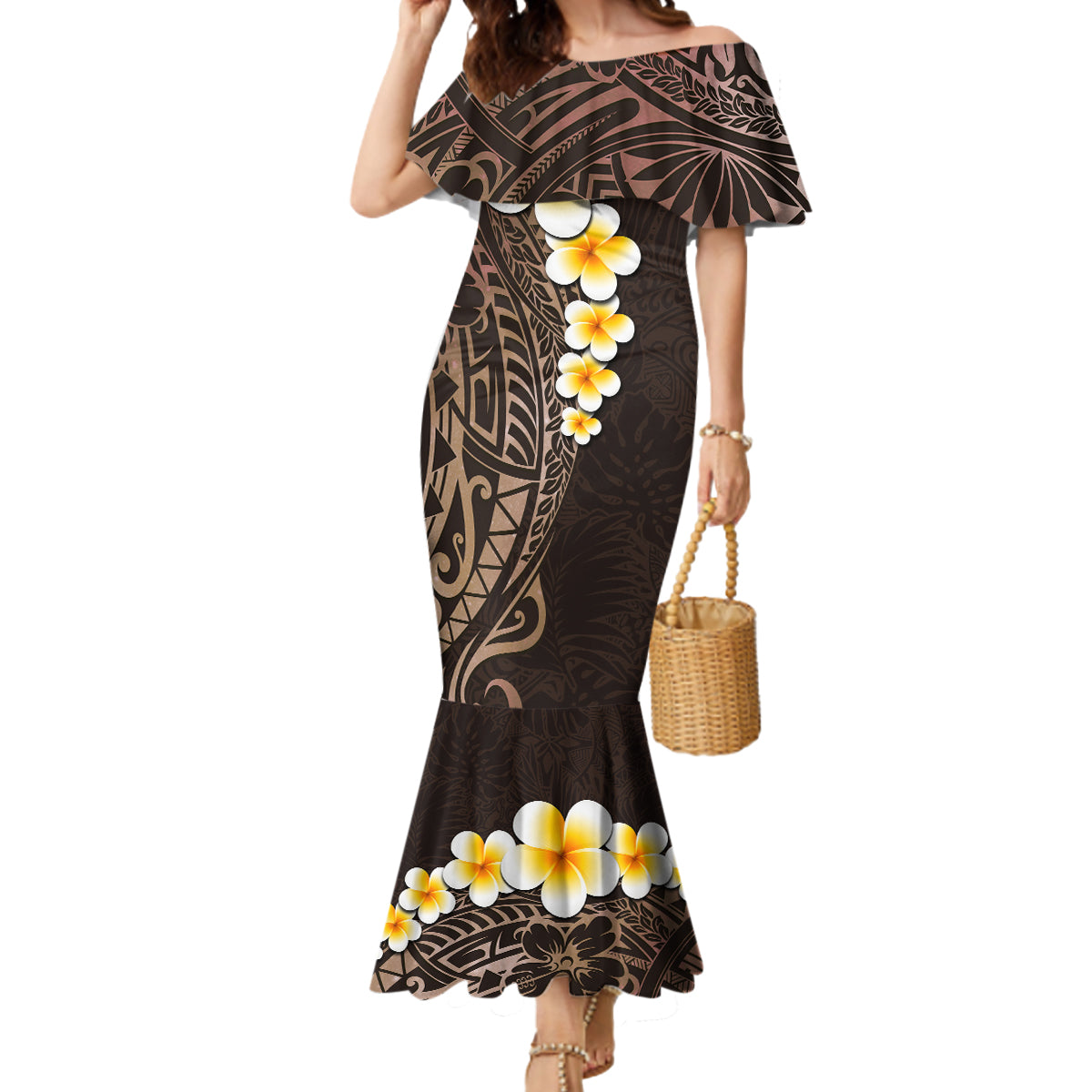 Brown Polynesia Mermaid Dress Plumeria Tropical Leaves With Galaxy Polynesian Art LT14 Women Brown - Polynesian Pride