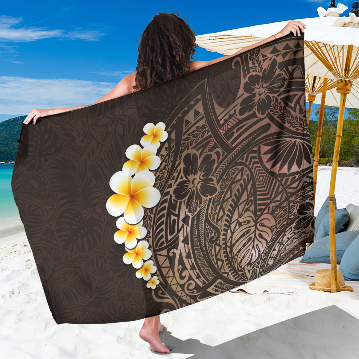 Brown Polynesia Sarong Plumeria Tropical Leaves With Galaxy Polynesian Art LT14 One Size 44 x 66 inches Brown - Polynesian Pride