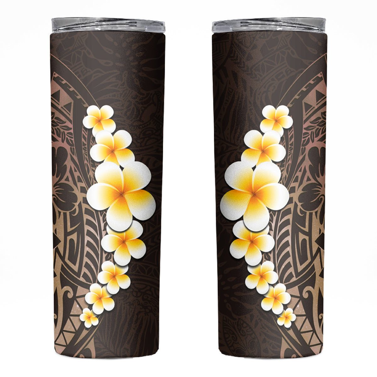 Brown Polynesia Skinny Tumbler Plumeria Tropical Leaves With Galaxy Polynesian Art