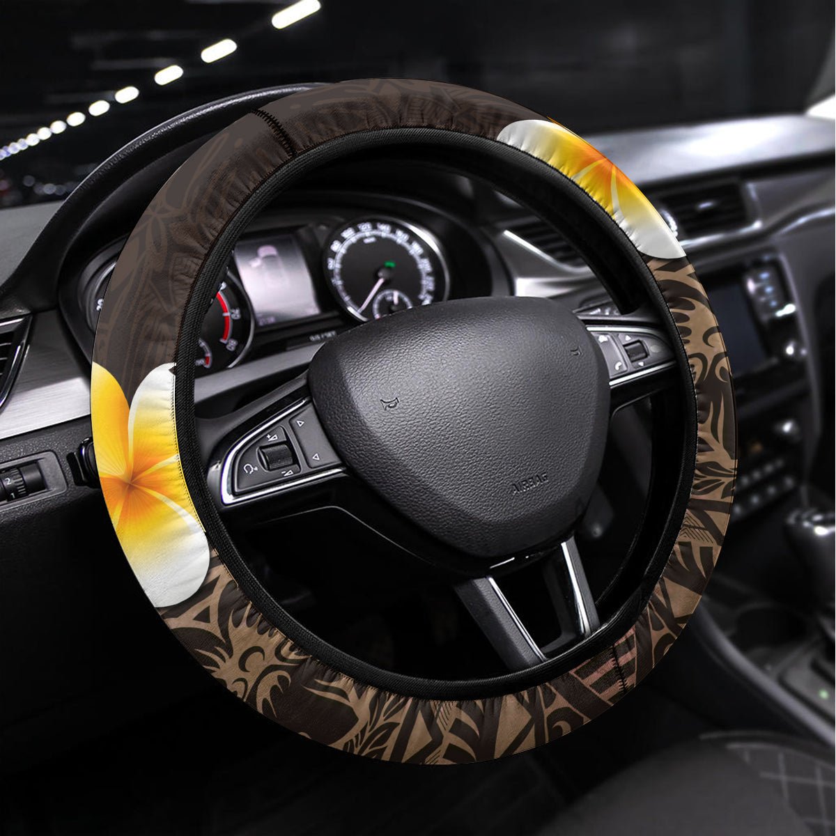 Brown Polynesia Steering Wheel Cover Plumeria Tropical Leaves With Galaxy Polynesian Art LT14 Universal Fit Brown - Polynesian Pride