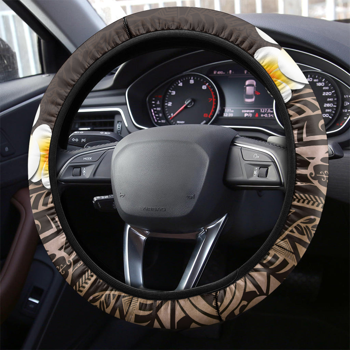Brown Polynesia Steering Wheel Cover Plumeria Tropical Leaves With Galaxy Polynesian Art LT14 - Polynesian Pride