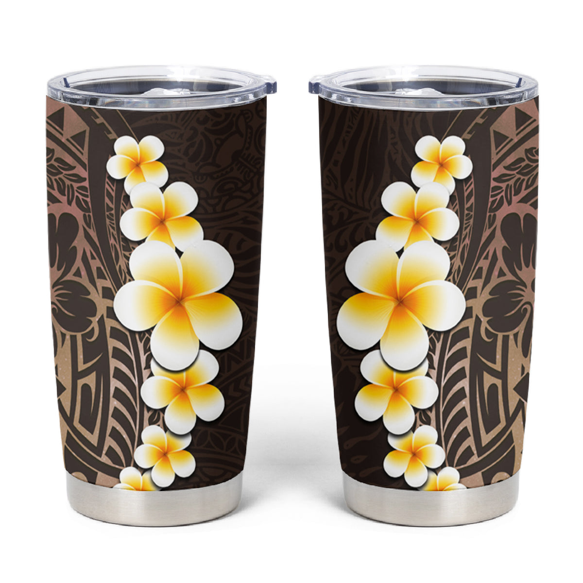 Brown Polynesia Tumbler Cup Plumeria Tropical Leaves With Galaxy Polynesian Art