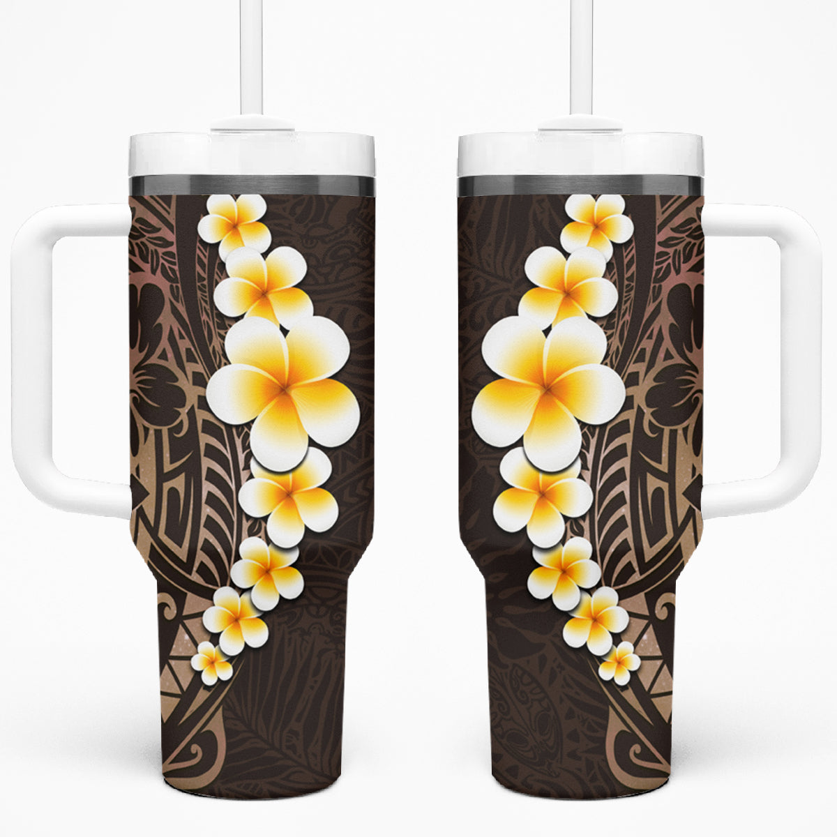 Brown Polynesia Tumbler With Handle Plumeria Tropical Leaves With Galaxy Polynesian Art