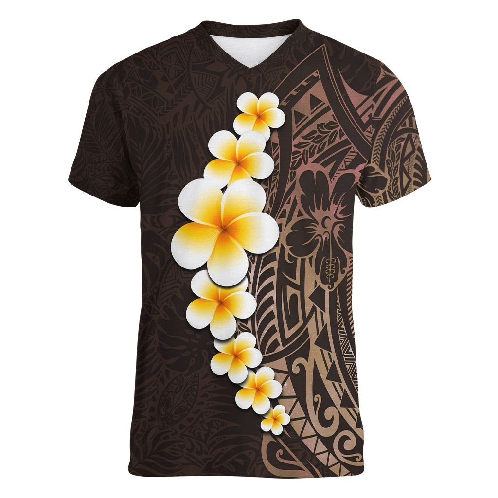 Brown Polynesia Women V Neck T Shirt Plumeria Tropical Leaves With Galaxy Polynesian Art LT14 Female Brown - Polynesian Pride