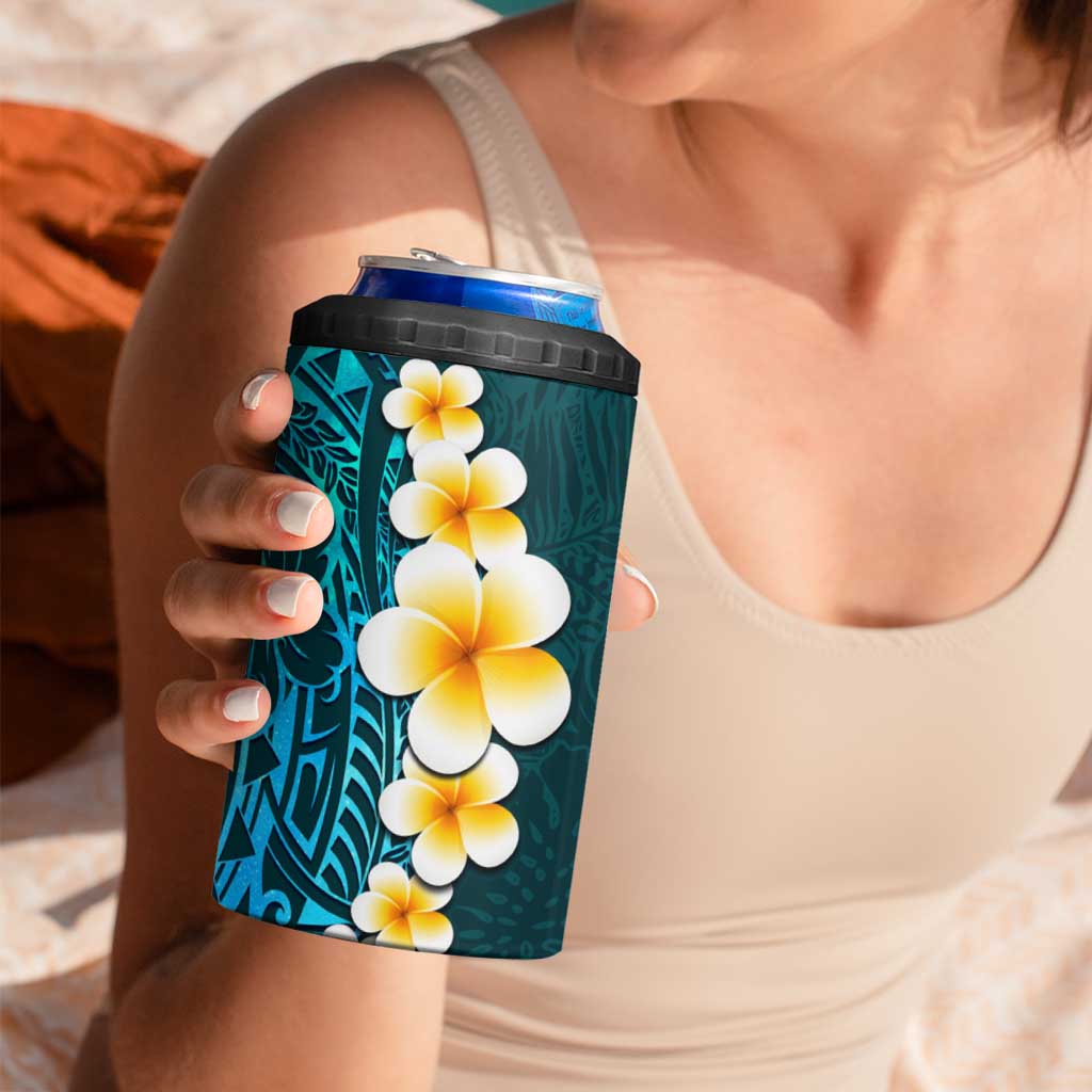 Turquosie Polynesia 4 in 1 Can Cooler Tumbler Plumeria Tropical Leaves With Galaxy Polynesian Art