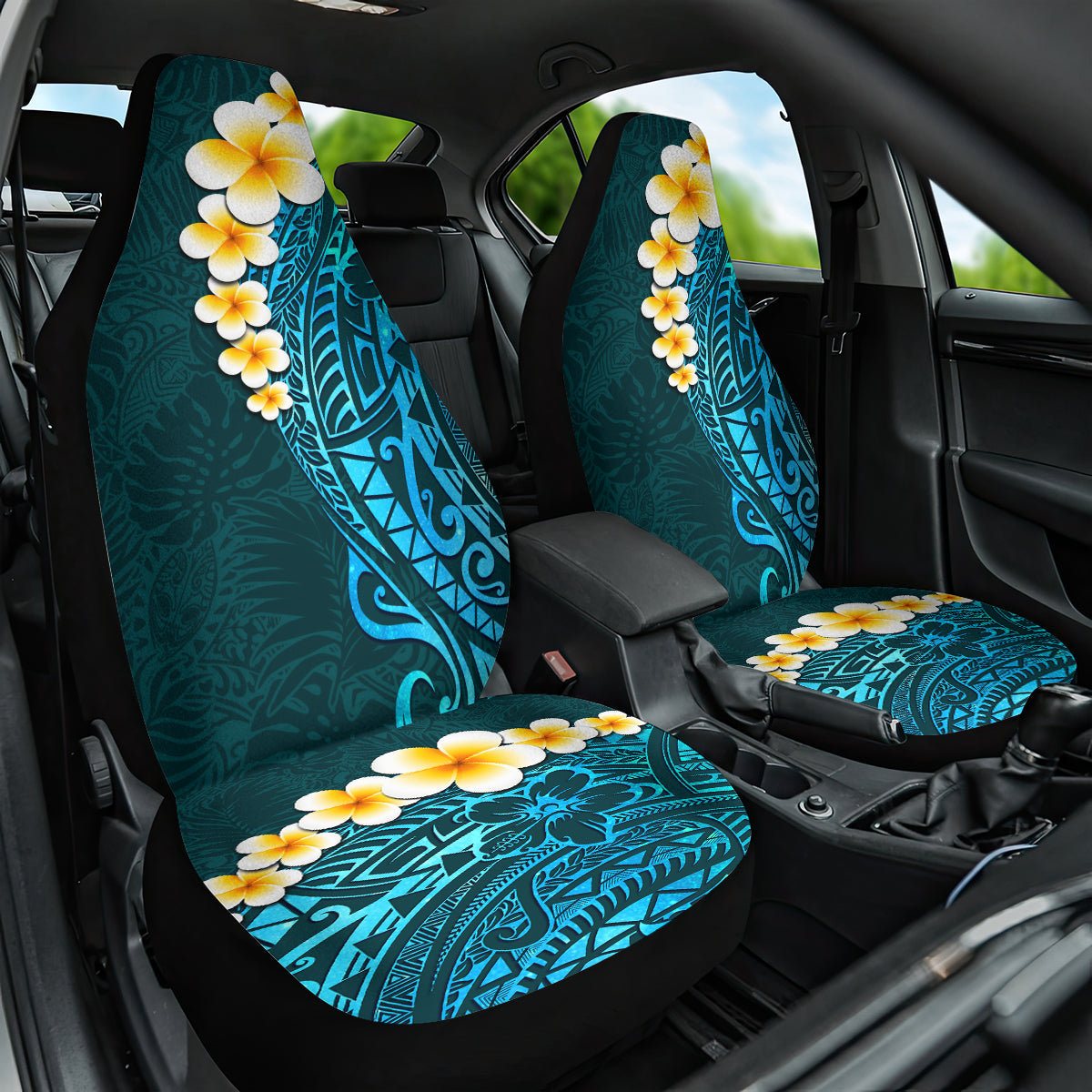 Turquosie Polynesia Car Seat Cover Plumeria Tropical Leaves With Galaxy Polynesian Art LT14 One Size Turquoise - Polynesian Pride