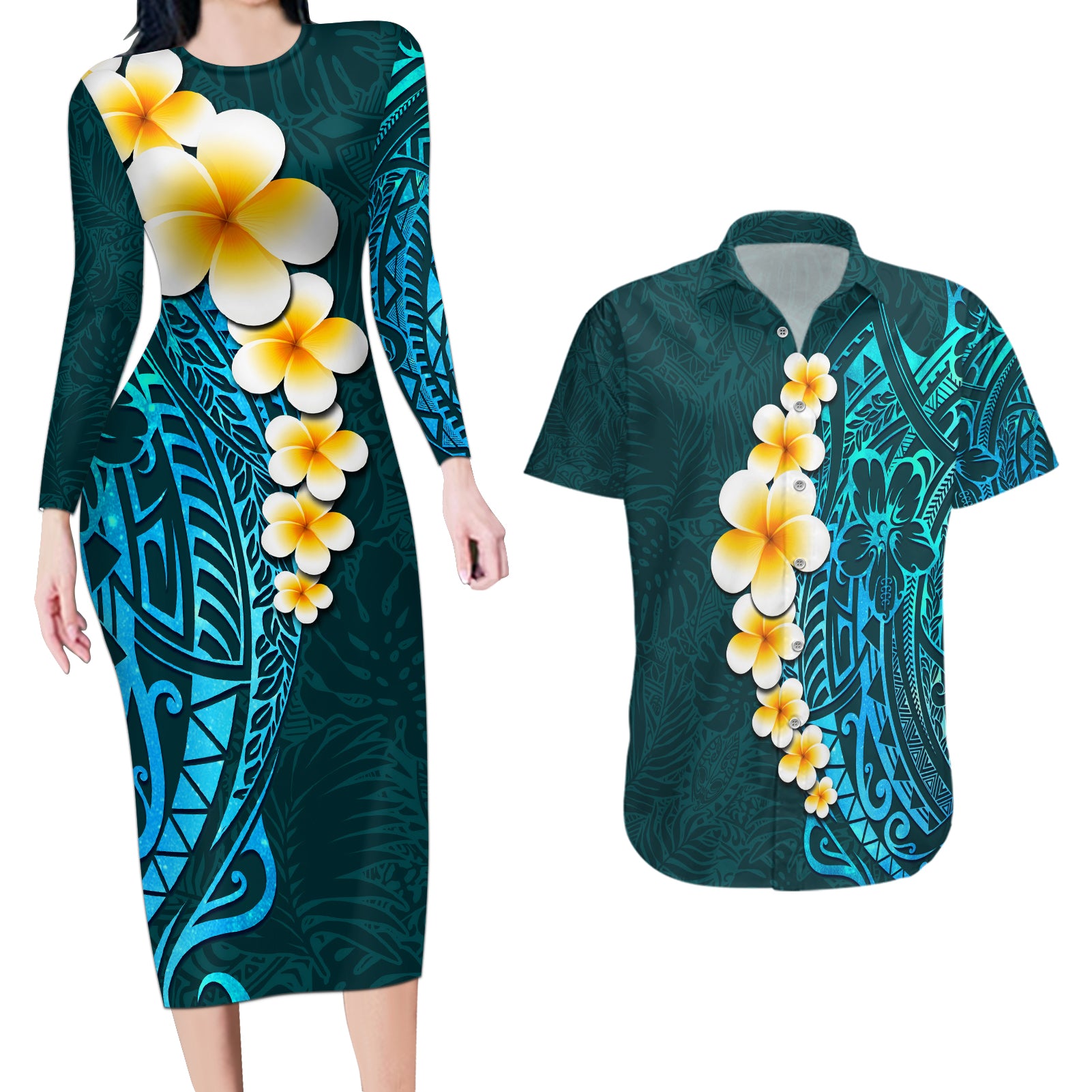 Turquosie Polynesia Couples Matching Long Sleeve Bodycon Dress and Hawaiian Shirt Plumeria Tropical Leaves With Galaxy Polynesian Art LT14 Turquoise - Polynesian Pride