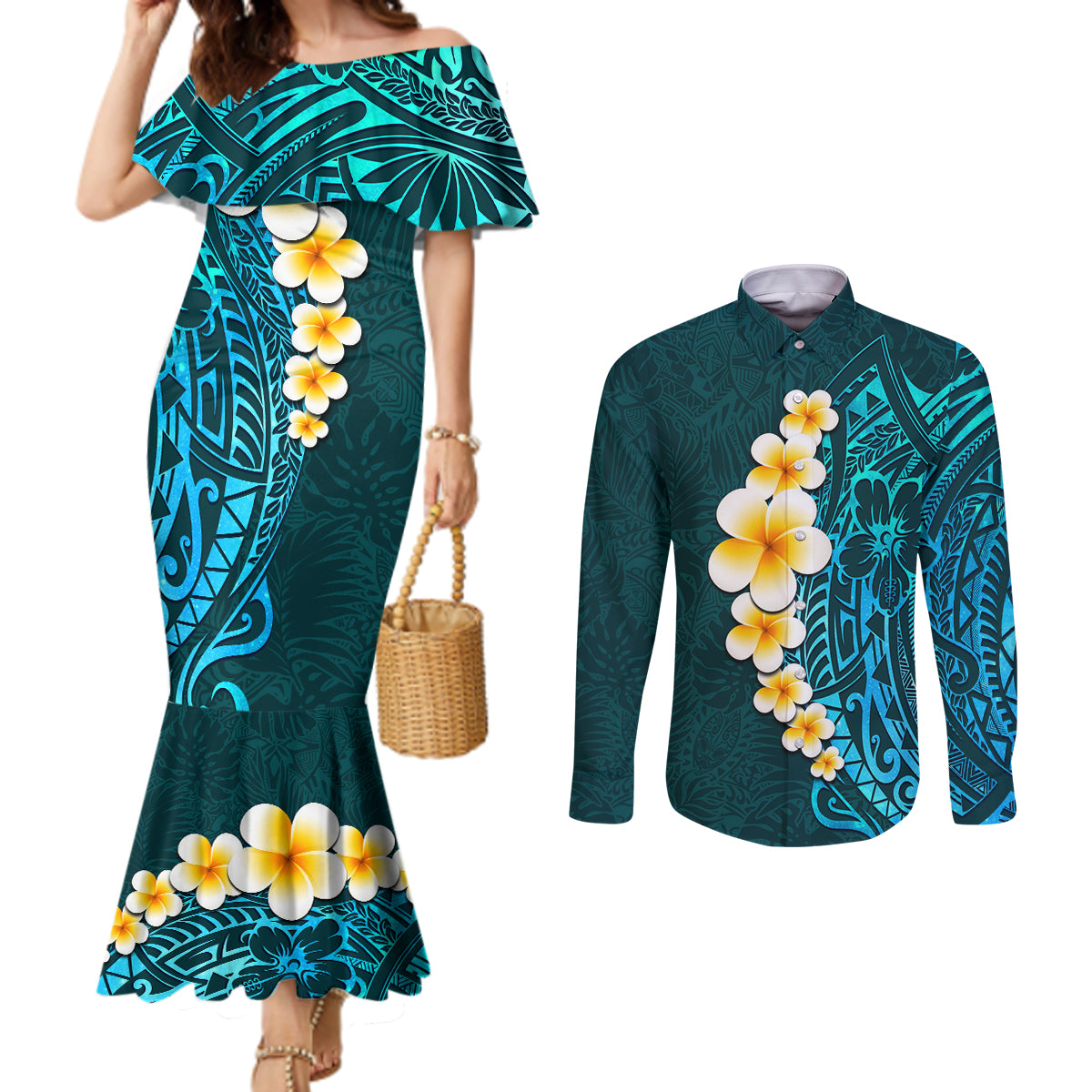 Turquosie Polynesia Couples Matching Mermaid Dress and Long Sleeve Button Shirt Plumeria Tropical Leaves With Galaxy Polynesian Art LT14 Turquoise - Polynesian Pride