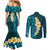 Turquosie Polynesia Couples Matching Mermaid Dress and Long Sleeve Button Shirt Plumeria Tropical Leaves With Galaxy Polynesian Art LT14 - Polynesian Pride