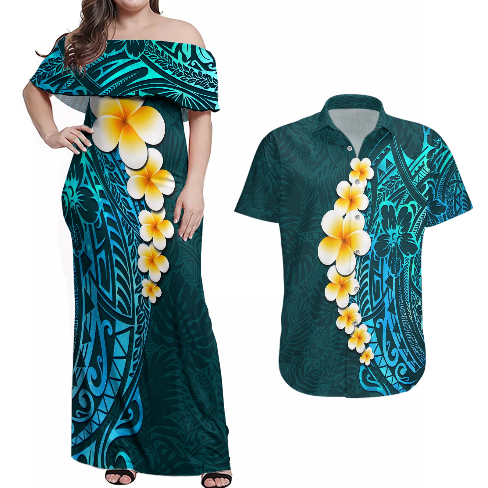 Turquosie Polynesia Couples Matching Off Shoulder Maxi Dress and Hawaiian Shirt Plumeria Tropical Leaves With Galaxy Polynesian Art LT14 Turquoise - Polynesian Pride