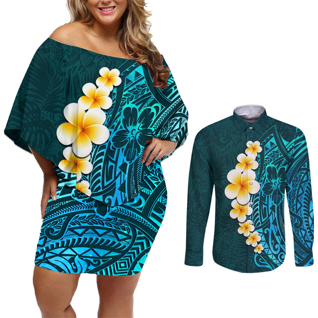 Turquosie Polynesia Couples Matching Off Shoulder Short Dress and Long Sleeve Button Shirt Plumeria Tropical Leaves With Galaxy Polynesian Art LT14 Turquoise - Polynesian Pride