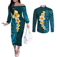 Turquosie Polynesia Couples Matching Off The Shoulder Long Sleeve Dress and Long Sleeve Button Shirt Plumeria Tropical Leaves With Galaxy Polynesian Art LT14 Turquoise - Polynesian Pride