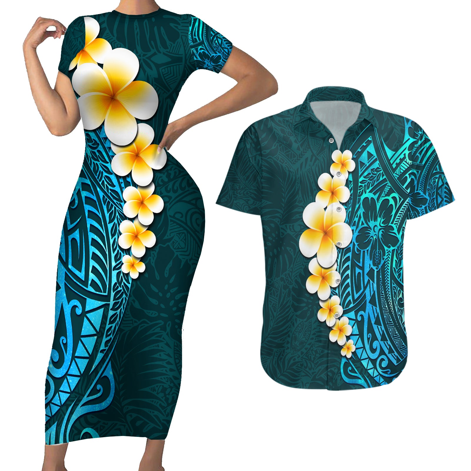 Turquosie Polynesia Couples Matching Short Sleeve Bodycon Dress and Hawaiian Shirt Plumeria Tropical Leaves With Galaxy Polynesian Art LT14 Turquoise - Polynesian Pride