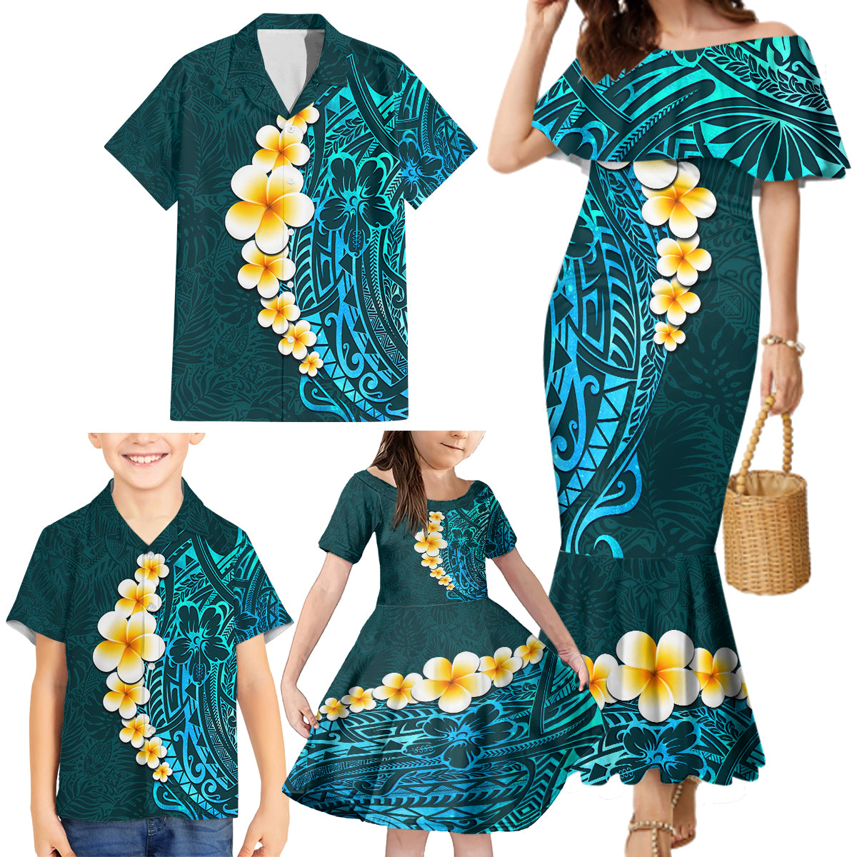 Turquosie Polynesia Family Matching Mermaid Dress and Hawaiian Shirt Plumeria Tropical Leaves With Galaxy Polynesian Art LT14 - Polynesian Pride