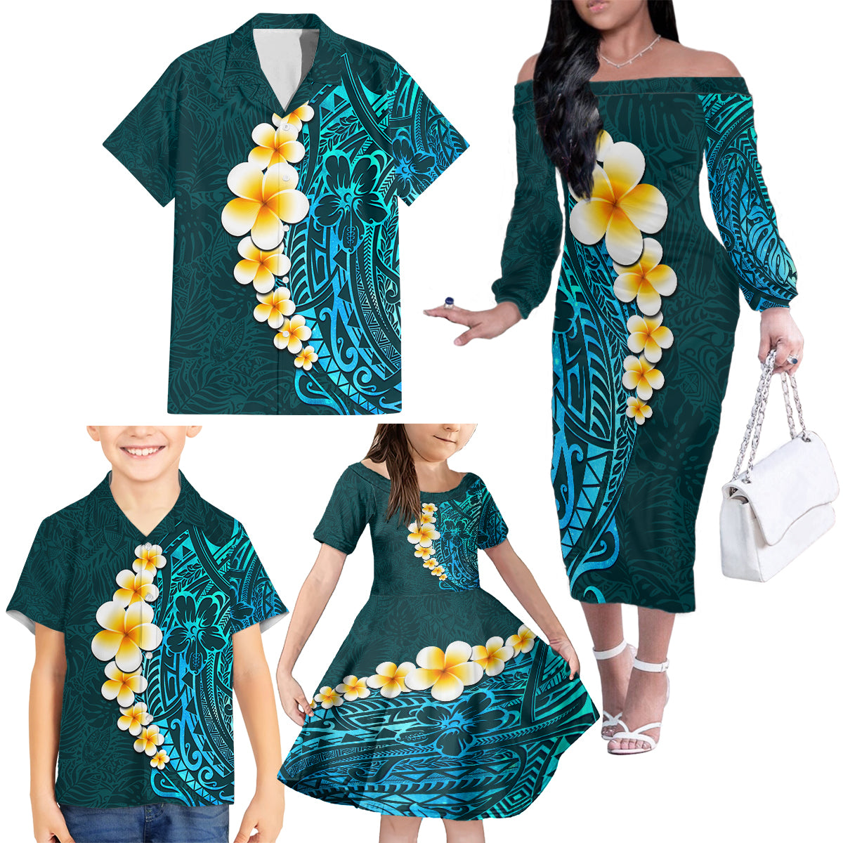 Turquosie Polynesia Family Matching Off Shoulder Long Sleeve Dress and Hawaiian Shirt Plumeria Tropical Leaves With Galaxy Polynesian Art LT14 - Polynesian Pride
