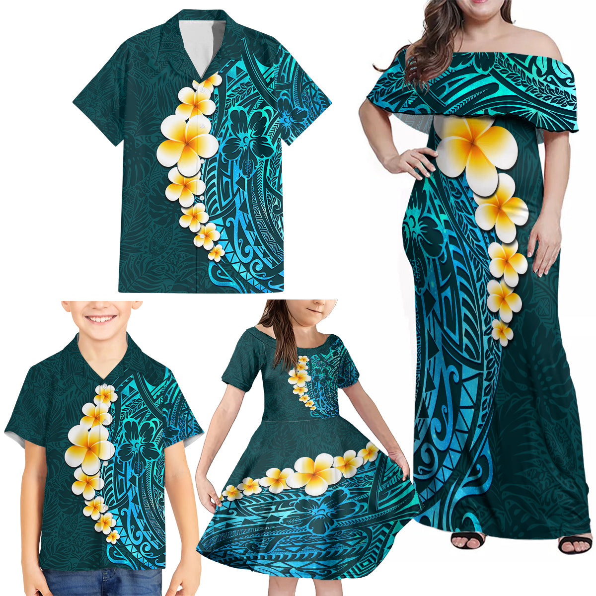 Turquosie Polynesia Family Matching Off Shoulder Maxi Dress and Hawaiian Shirt Plumeria Tropical Leaves With Galaxy Polynesian Art LT14 - Polynesian Pride