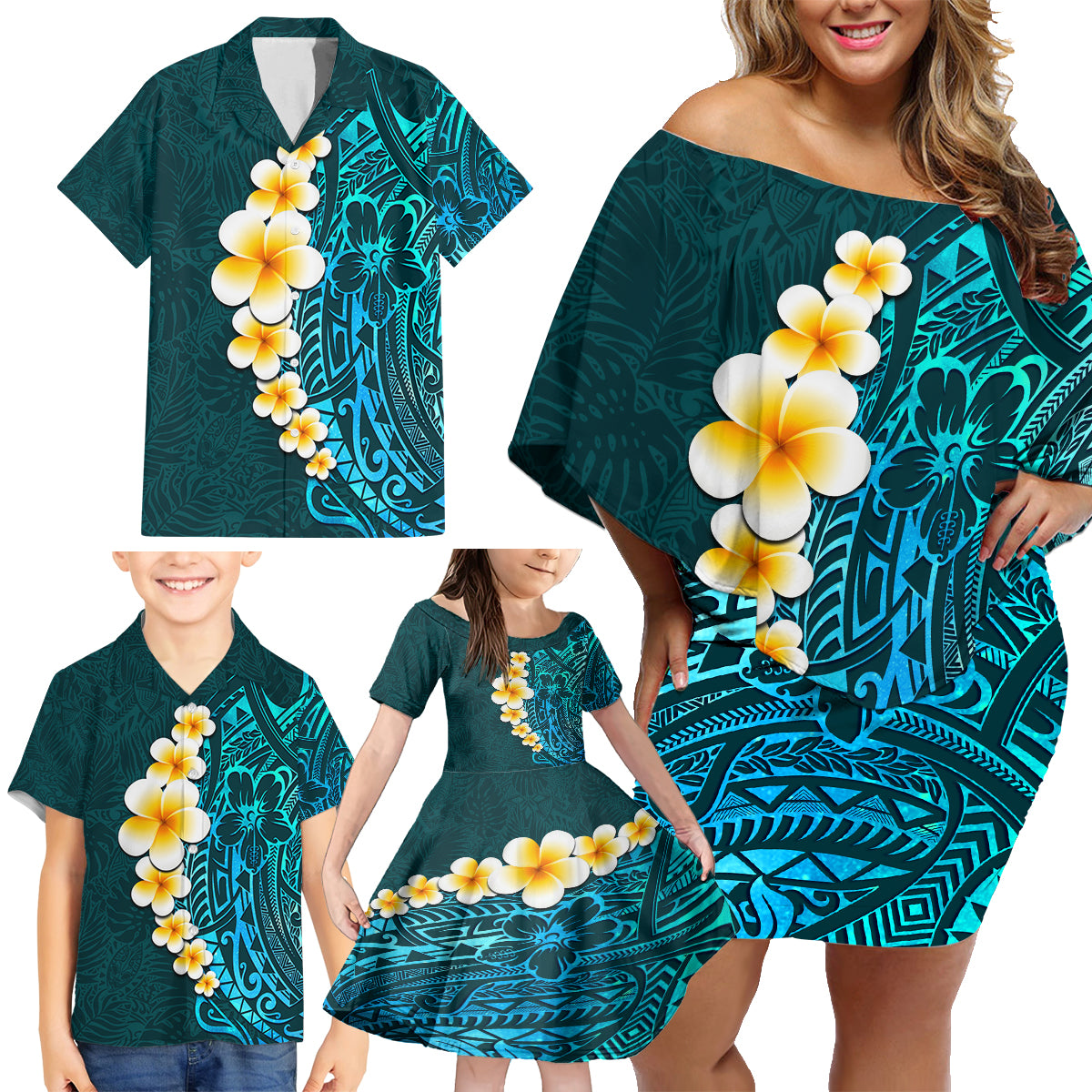 Turquosie Polynesia Family Matching Off Shoulder Short Dress and Hawaiian Shirt Plumeria Tropical Leaves With Galaxy Polynesian Art LT14 - Polynesian Pride