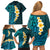 Turquosie Polynesia Family Matching Off Shoulder Short Dress and Hawaiian Shirt Plumeria Tropical Leaves With Galaxy Polynesian Art LT14 - Polynesian Pride