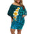 Turquosie Polynesia Family Matching Off Shoulder Short Dress and Hawaiian Shirt Plumeria Tropical Leaves With Galaxy Polynesian Art LT14 Mom's Dress Turquoise - Polynesian Pride