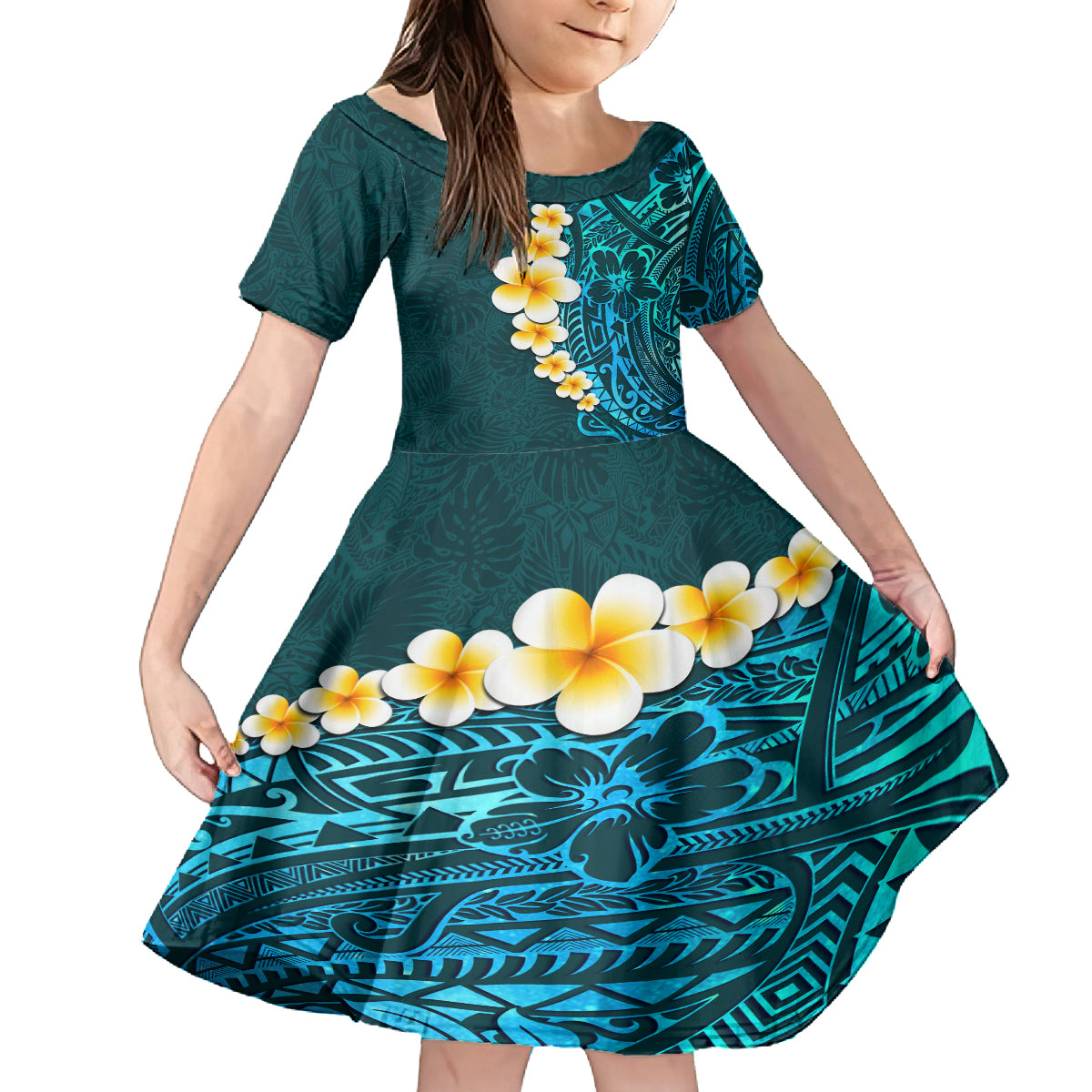 Turquosie Polynesia Family Matching Puletasi Dress and Hawaiian Shirt Plumeria Tropical Leaves With Galaxy Polynesian Art LT14 Daughter's Dress Turquoise - Polynesian Pride