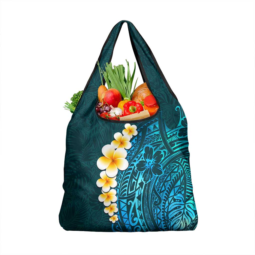 Turquosie Polynesia Grocery Bag Plumeria Tropical Leaves With Galaxy Polynesian Art LT14 1-pack One Size Turquoise - Polynesian Pride