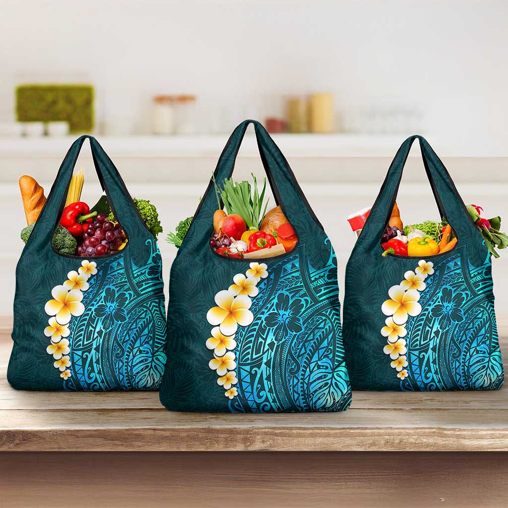 Turquosie Polynesia Grocery Bag Plumeria Tropical Leaves With Galaxy Polynesian Art LT14 3-pack One Size Turquoise - Polynesian Pride