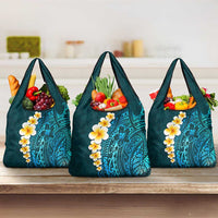 Turquosie Polynesia Grocery Bag Plumeria Tropical Leaves With Galaxy Polynesian Art LT14 3-pack One Size Turquoise - Polynesian Pride